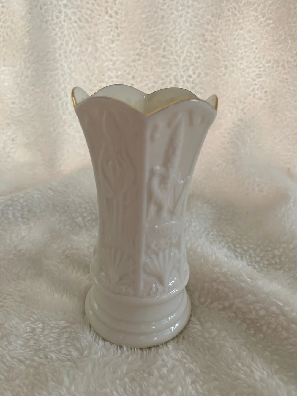 Belleek Small Cream Embossed Porcelain Vase with Gold Trim